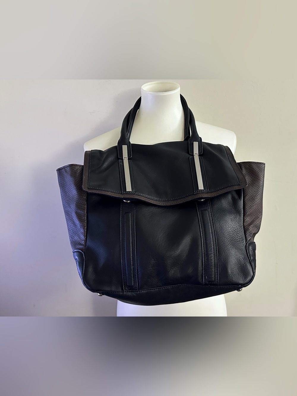 Walter Baker Black Tote with Dark Brown Side Panels Chic Minimalist Work School